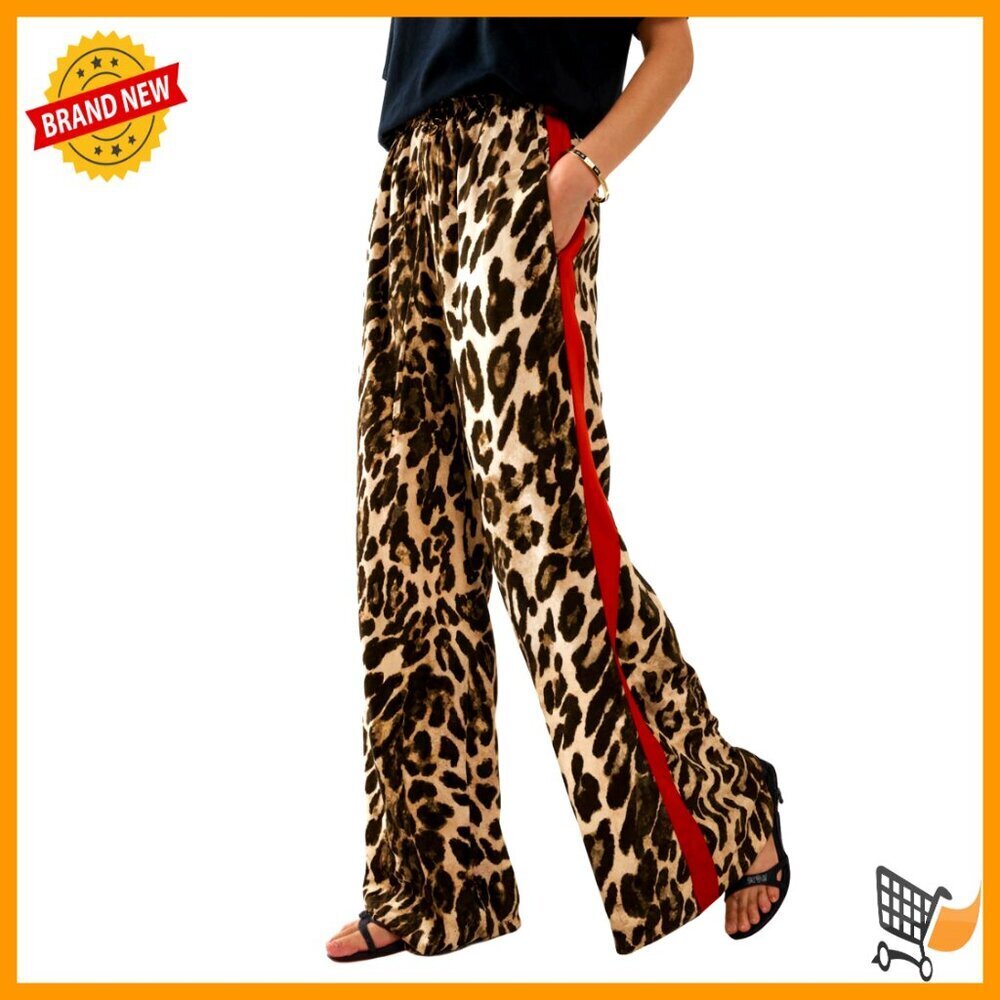 Wide Leg Trousers with Pockets Y2K Cheetah Print Drawstring Waist Casual Pants